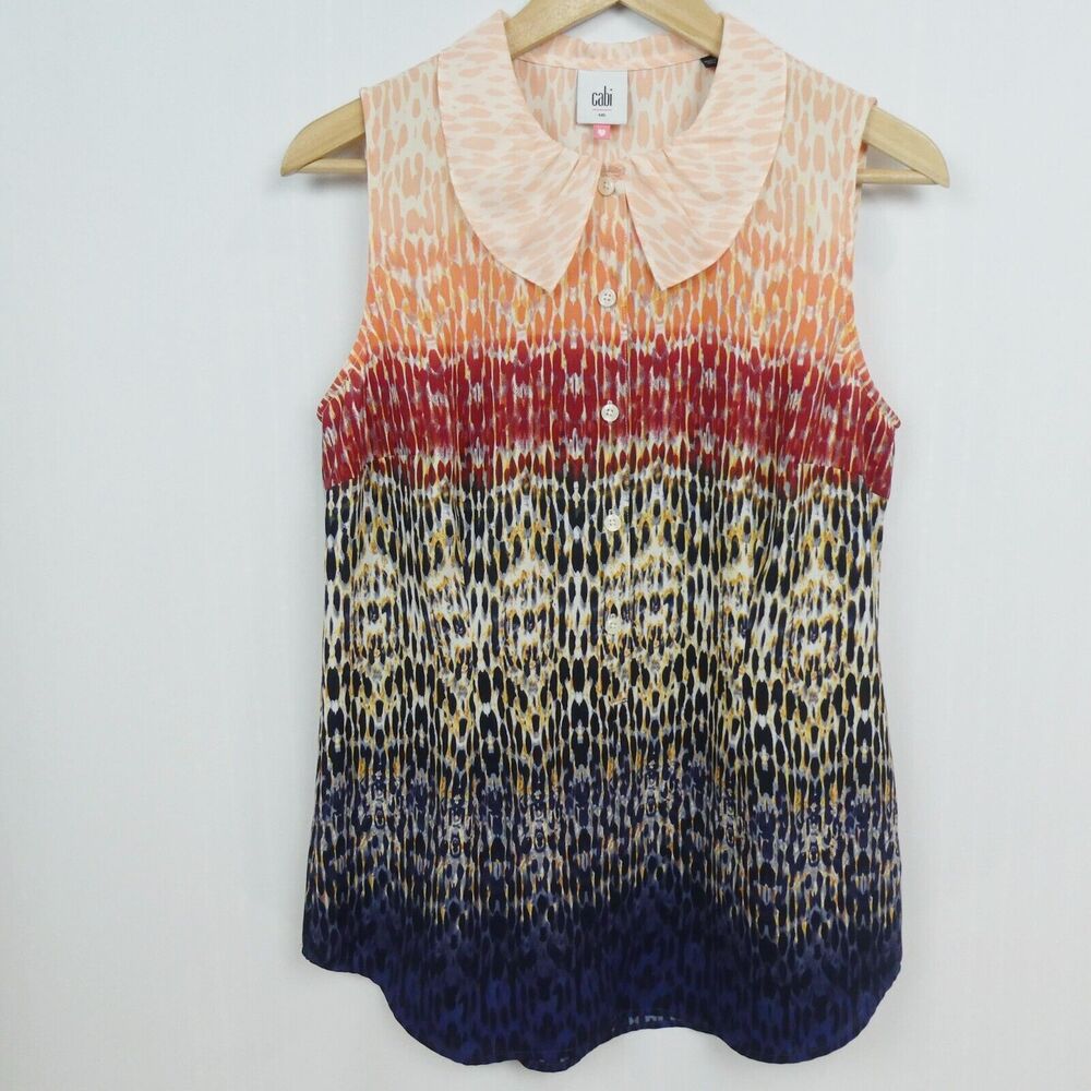 CAbi Peter Pan Collar Tunic Blouse Sz S Coral Navy Leopard‎ Style 3078